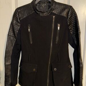 BCBG MAXAZRIA Women’s Small Black Leather Jacket Ava Ponte Knit Moto Classic